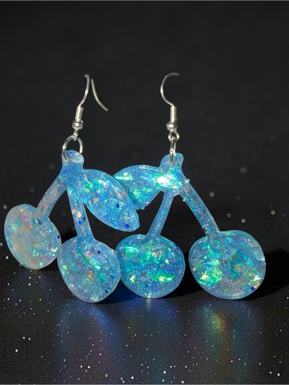 Handmade Aqua Blue Iridescent Glitter Resin Cherry Earrings - Picture 2 of 4